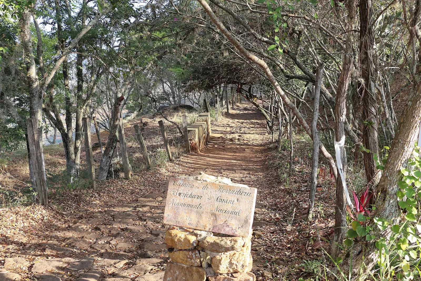 Trecho do Camino Real entre Barichara e Guane, com calçamento de pedra, cercas de pedra seca e placa de monumento nacional