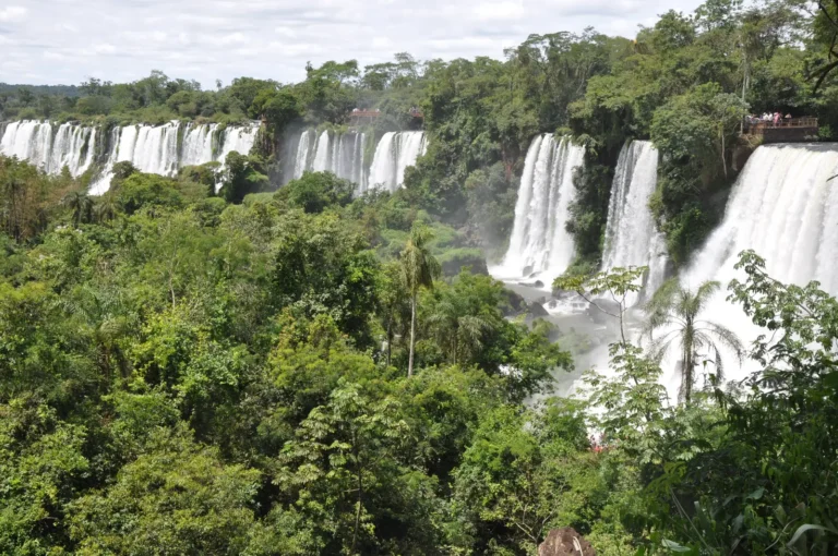 Saltos das Cataratas do Iguaçu cercados de mata vistos do Circuito Superior, no lado argentino