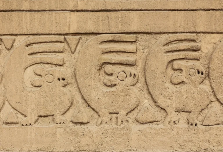 Relevos de barro com aves e peixes estilizados em muro de Chan Chan, capital chimú perto de Trujillo, Peru