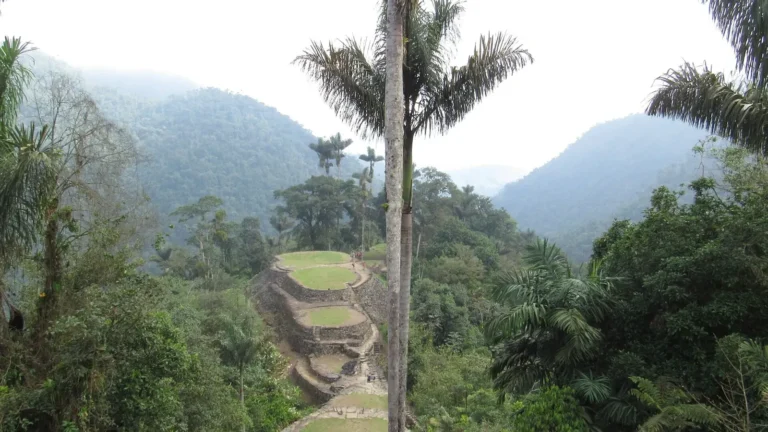 Vista panorâmica dos terraços circulares de pedra da Ciudad Perdida (Teyuna), cercados por floresta na Serra Nevada de Santa Marta, Colômbia