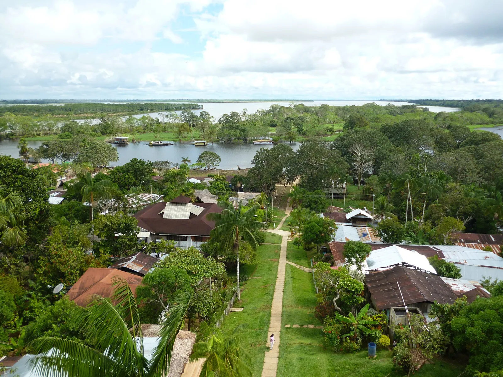 Vista de Puerto Nariño a partir da torre do mirante, com casas entre árvores, caminhos de pedestres e o rio ao fundo