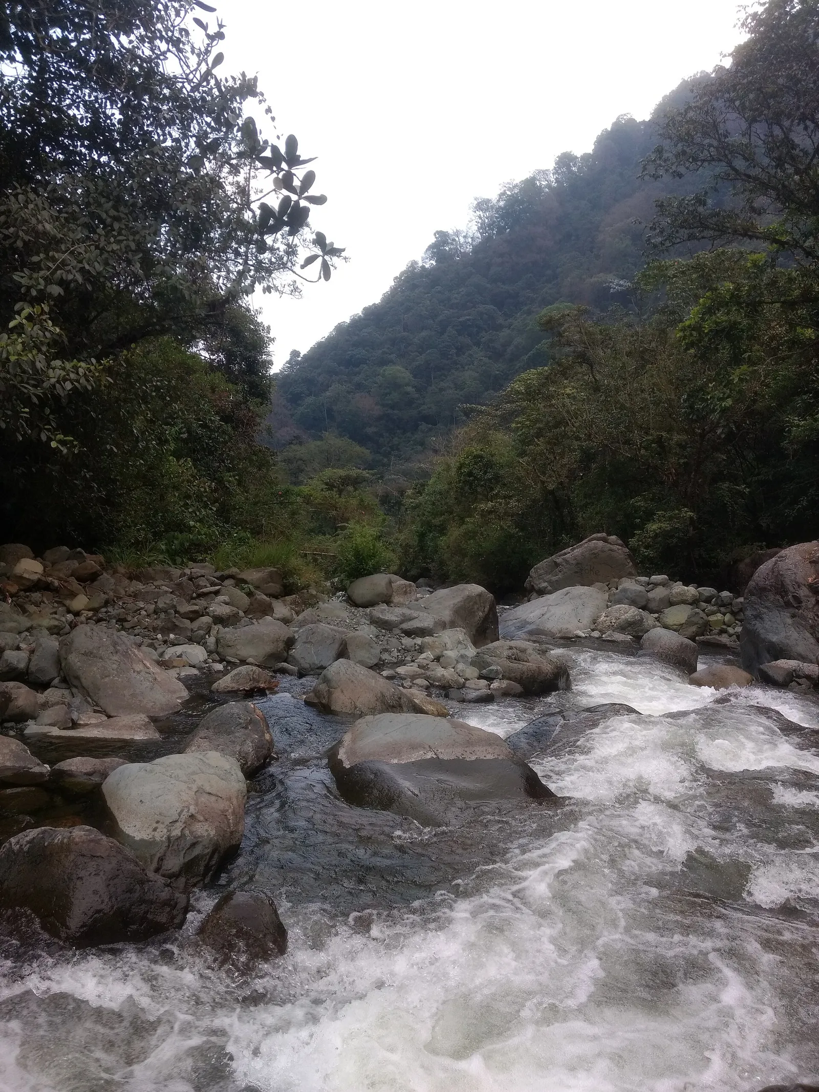 Rio Pance correndo entre pedras no corregimento de Pance, zona rural de Cali, com mata nas encostas