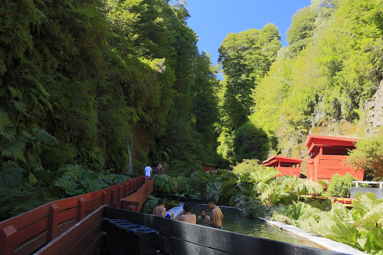 Passarelas vermelhas e piscinas das Termas Geométricas, numa ravina de floresta perto de Pucón e Coñaripe